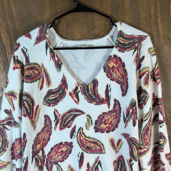 LOFT Womens Sweater White Multi Paisley Raglan V Neck Long Sleeve Pullover Large - Picture 2 of 12